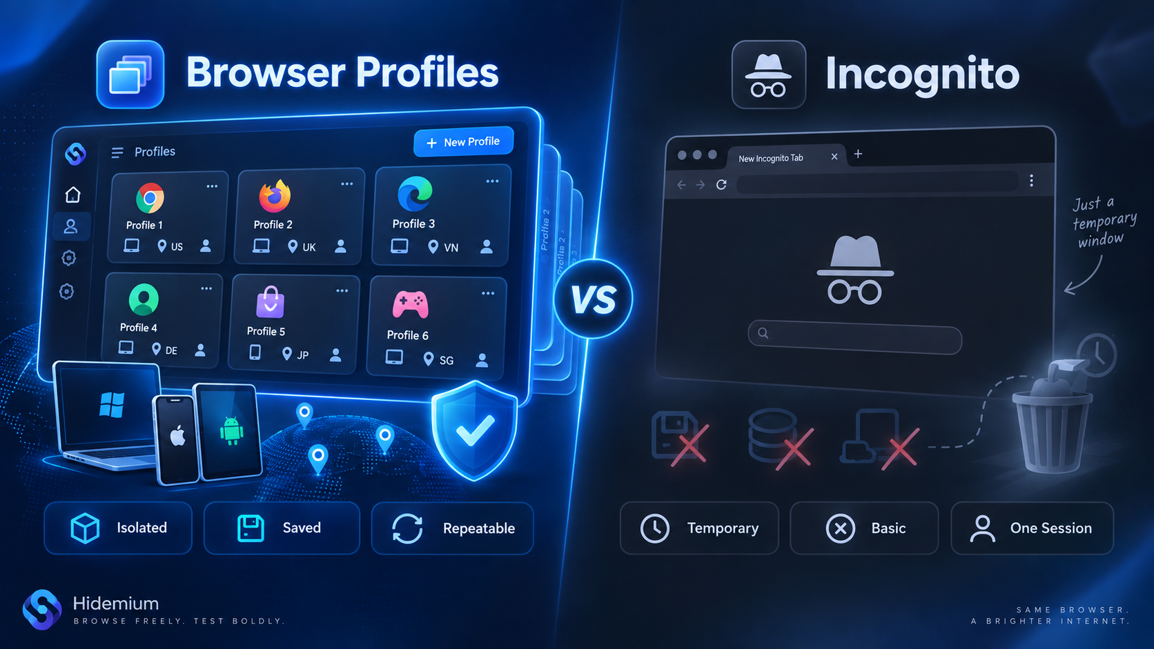Browser profiles vs incognito mode for QA testing, showing isolated reusable profiles and temporary sessions